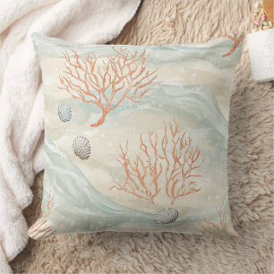 Boho Luxe Watercolor Coastal Coral Pattern (3) Throw Pillow