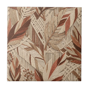 Boho Macrame Tropical Leaves Terracotta Beige Ceramic Tile