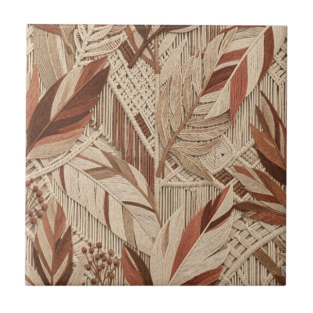 Boho Macrame Tropical Leaves Terracotta Beige Ceramic Tile (Front)