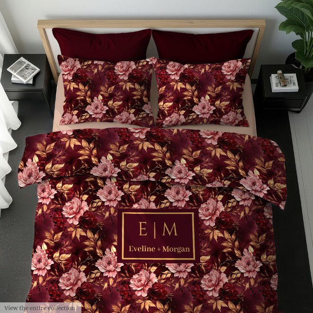 Boho magenta burgundy gold flowers watercolor duvet cover (Boho magenta burgundy gold flowers watercolor Duvet Cover )