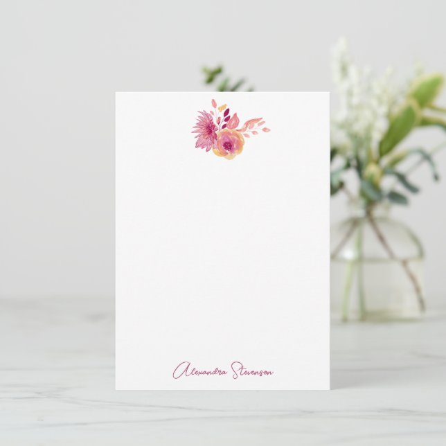 Boho Magenta Flowers Personalized Name Stationery Note Card (Standing Front)