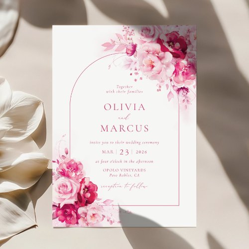 Boho Magenta Hot Pink Arch Floral Elegant Wedding Invitation