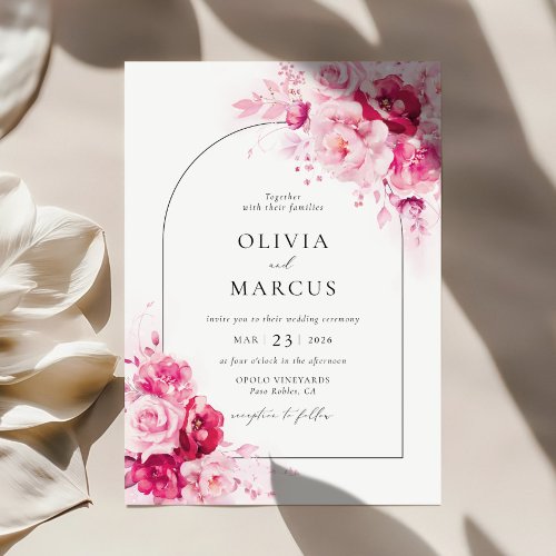 Boho Magenta Hot Pink Arch Floral Elegant Wedding Invitation