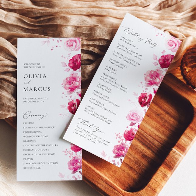 Boho Magenta Hot Pink Floral Elegant Wedding Program (Creator Uploaded)