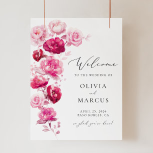 Boho Magenta Hot Pink Floral Wedding Welcome Sign