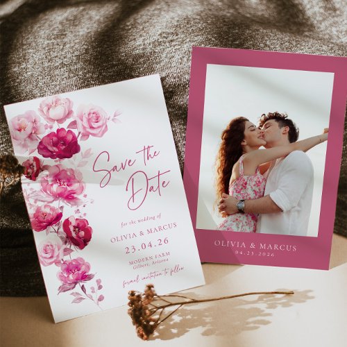 Boho Magenta Hot Pink Rose Floral Wedding Photo Save The Date