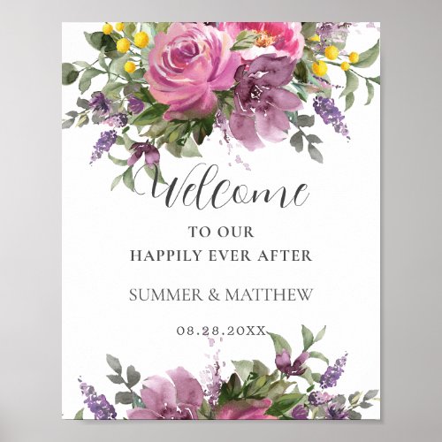 Boho Magenta Pink Purple Floral Wedding Welcome Poster