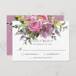 Boho Magenta Purple Pink Mauve Floral Wedding  RSVP Card