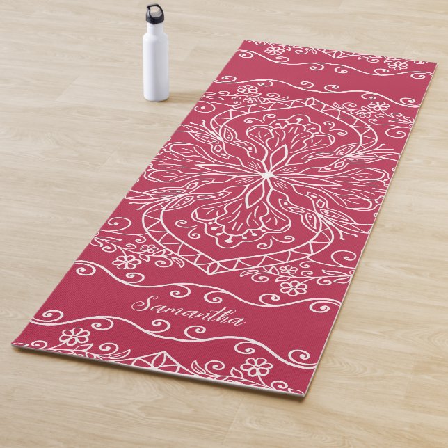 Boho Magenta Red Pink Mandala Elegant Monogrammed Yoga Mat (In Situ)