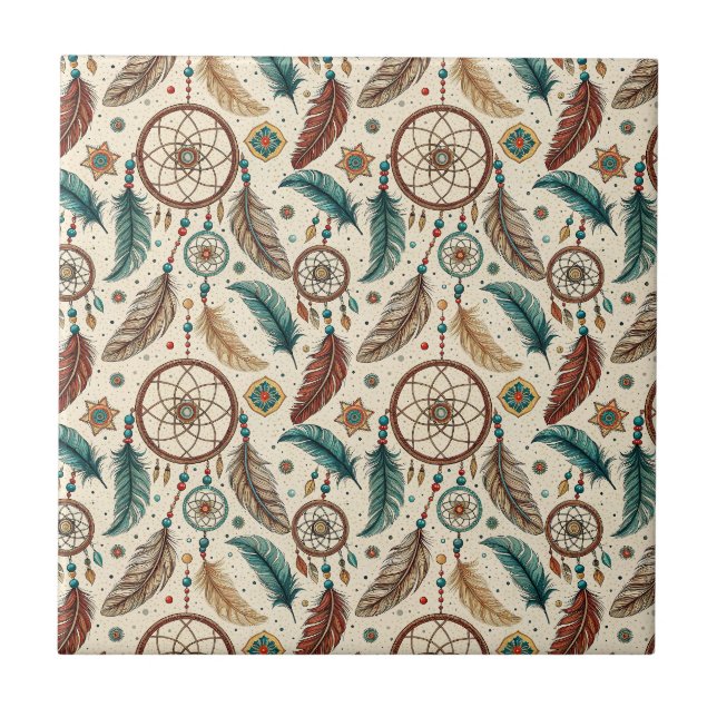Boho Magic Dreamcatcher Colorful Feather Pattern Ceramic Tile (Front)