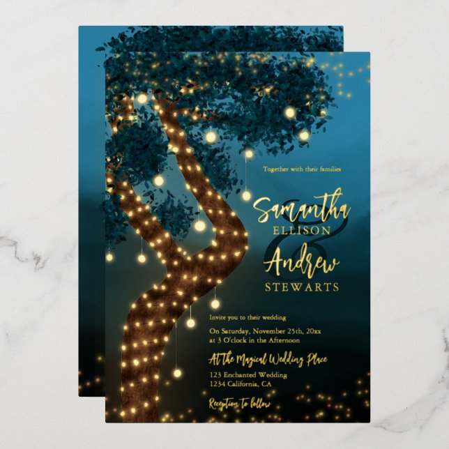 Boho magical enchanted forest woodland wedding foil invitation (Front/Back)