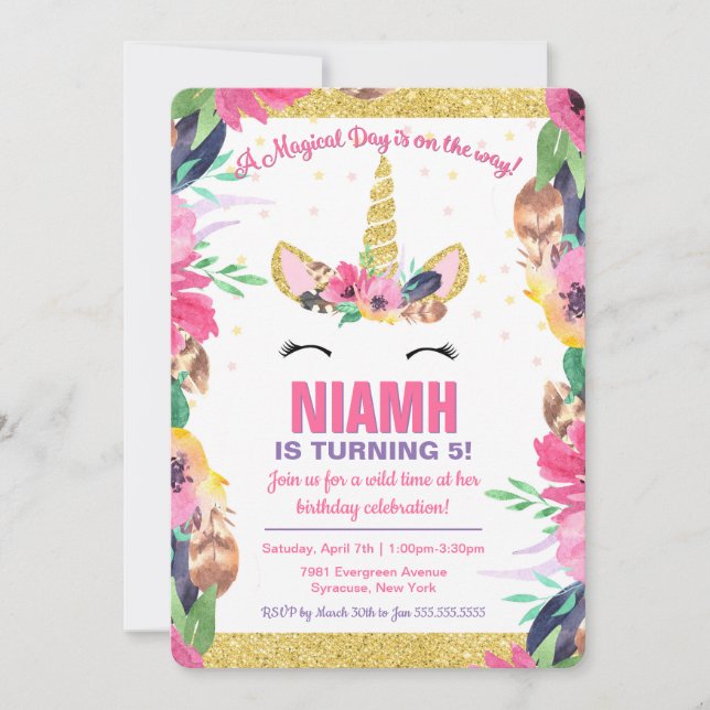 Boho Magical Unicorn Birthday Party Invitation (Front)