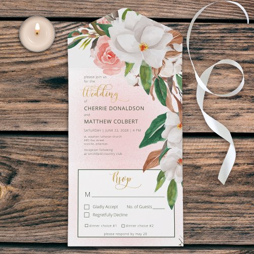 Boho Magnolia Floral  Cotton Pink Dinner All In One Invitation