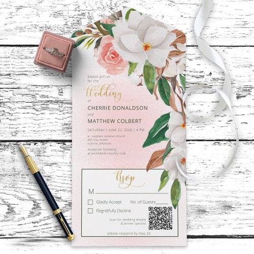 Boho Magnolia Floral  Cotton Pink QR Code All In One Invitation