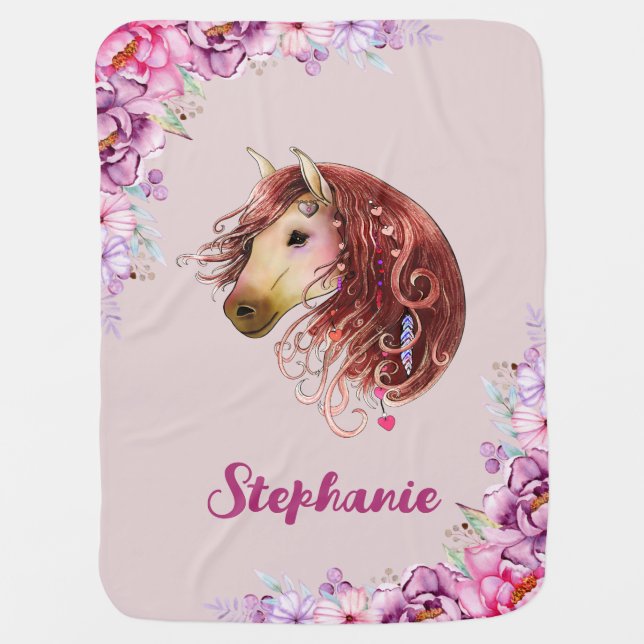 Boho Majestic Horse Shades of Pink and Purple Baby Blanket (Front)