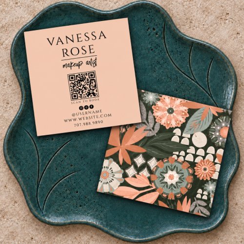 Boho Makeup Artist Dusty Peach Floral QR Code Square Business Card