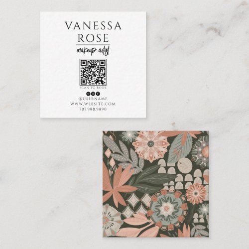 Boho Makeup Artist Floral QR Code Square Business Card