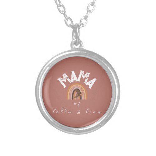 Boho Mama Text Moon Feathers and Kid Names  Silver Plated Necklace