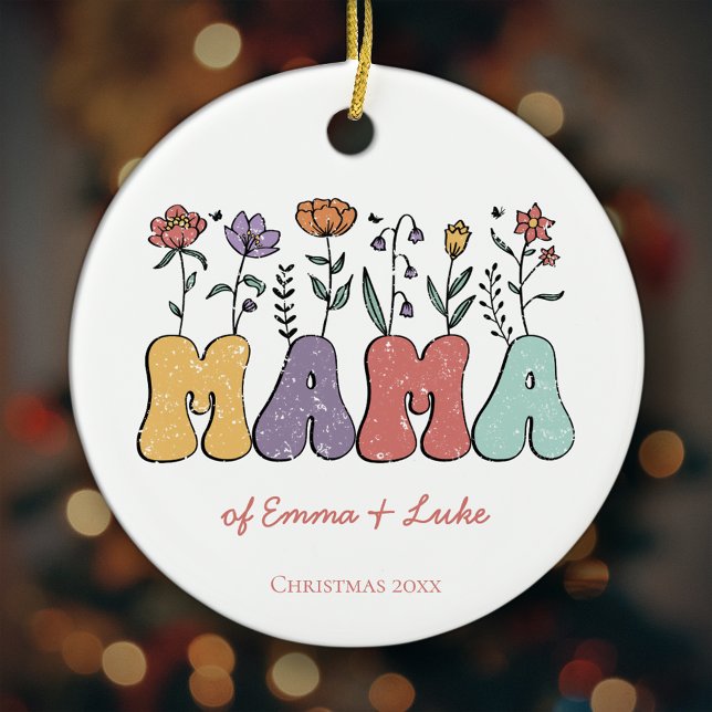 Boho Mama Text w/ Flowers and Kid Names Christmas Ceramic Ornament (Give the special mom in your life a personalized Christmas ornament!)