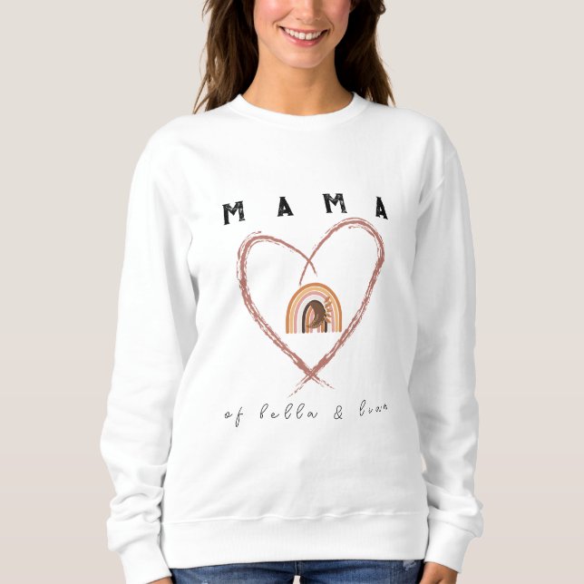 Boho Mama Text w/ Moon Feathers Kid Names White Sweatshirt (Front)