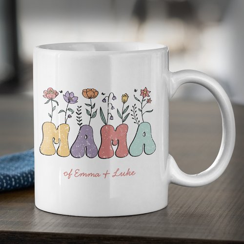 Boho Mama Text with Flowers and Kid Names Coffee Mug