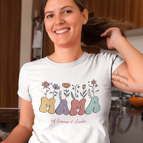 Boho Mama Text with Flowers and Kid Names T_Shirt