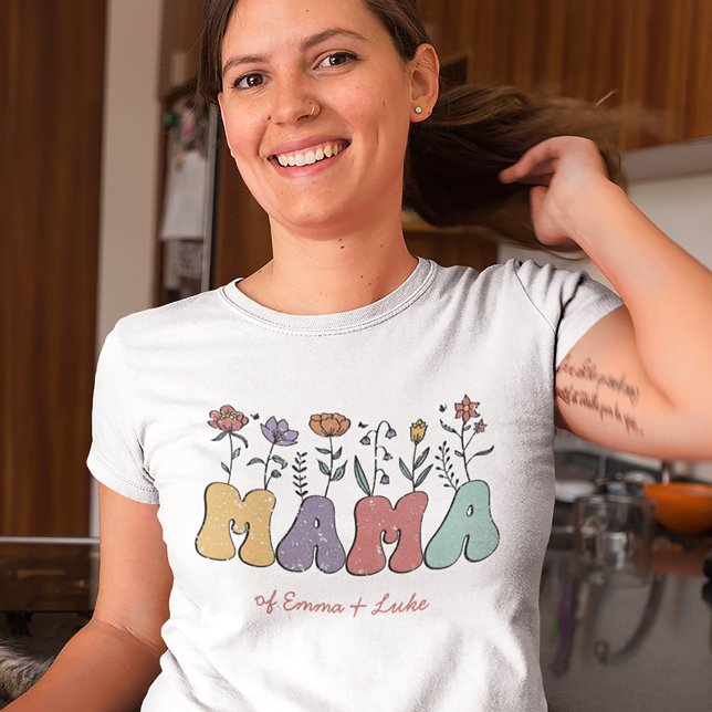 Boho Mama Text with Flowers and Kid Names T-Shirt (Creator Uploaded)