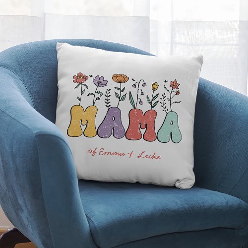 Boho Mama Text with Flowers and Kid Names Throw Pillow