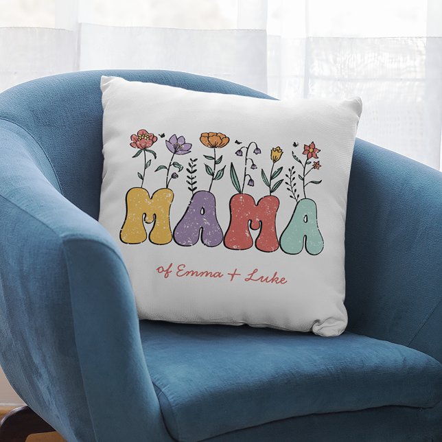 Boho Mama Text with Flowers and Kid Names Throw Pillow (Creator Uploaded)