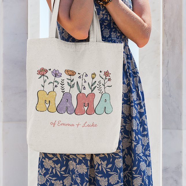 Boho Mama Text with Flowers and Kid Names Tote Bag (Creator Uploaded)