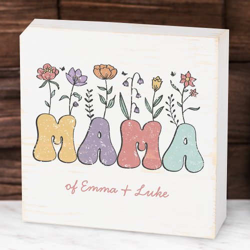 Boho Mama Text with Flowers and Kid Names Wooden Box Sign