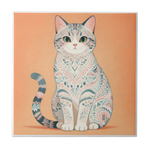Boho Mandala Cat Pastel Ornamental Paisley Kitty Ceramic Tile