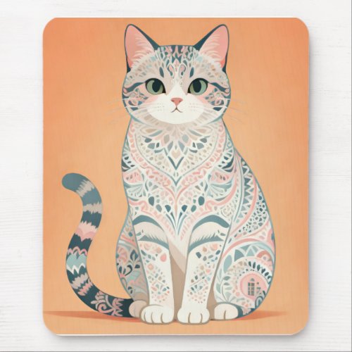 Boho Mandala Cat | Pastel Ornamental Paisley Kitty Mouse Pad
