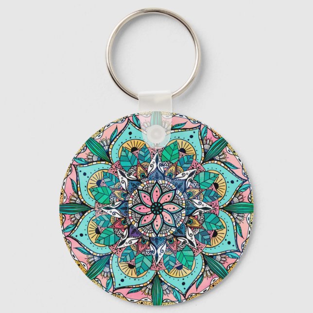 Boho Mandala Colorful Watercolor Floral Keychain (Front)