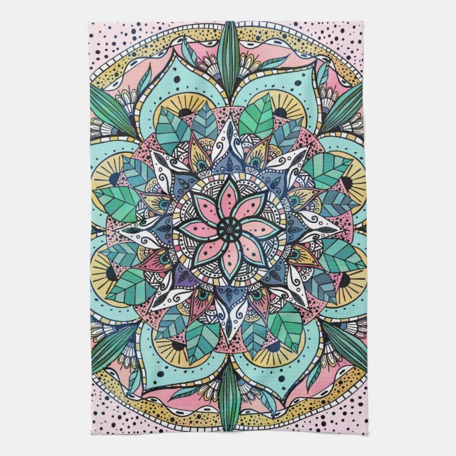 Boho Mandala Colorful Watercolor Floral Kitchen Towel (Vertical)