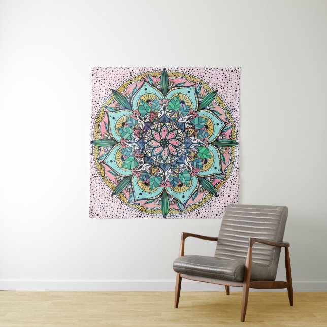 Boho Mandala Colorful Watercolor Floral Tapestry (In Situ (Horizontal))