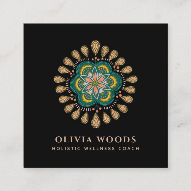 Boho Mandala Floral Art Therapist Square Business Card (Front)