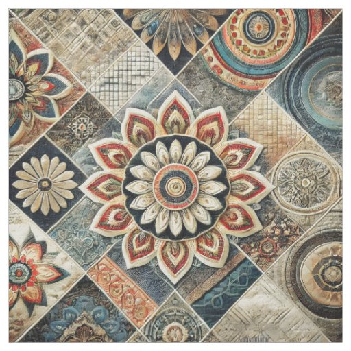 Boho Mandala Floral Modern Art in Earth Tones Fabric