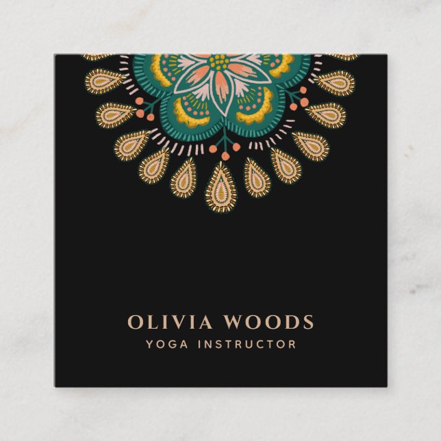 Boho Mandala Floral Yoga Instructor  Square Business Card (Front)