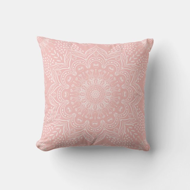 Boho Mandala Girly Blush Pink Throw Pillow (Front)