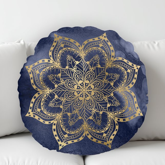 Boho Mandala Gold Navy Blue Ink Texture Round Pillow (Creator Uploaded)