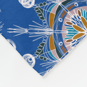 Boho Mandala Hand-drawn Blue Colorful Fleece Blanket