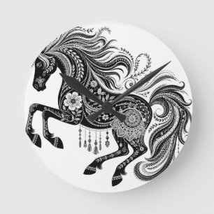 Boho Mandala Horse Ornate Line Art Canvas Wall Art Round Clock