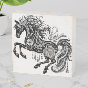 Boho Mandala Horse Ornate Line Art Canvas Wall Art Wooden Box Sign