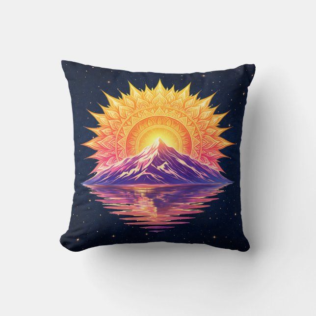 Boho Mandala Mountain Sunset | Cosmic Night Sky Throw Pillow (Front)