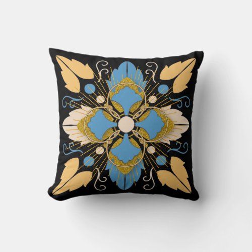 Boho Mandala Mustard Blue Gold Black Throw Pillow