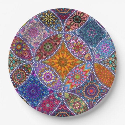 Boho Mandala Pattern Colorful Hippie Retro Vintage Paper Plates