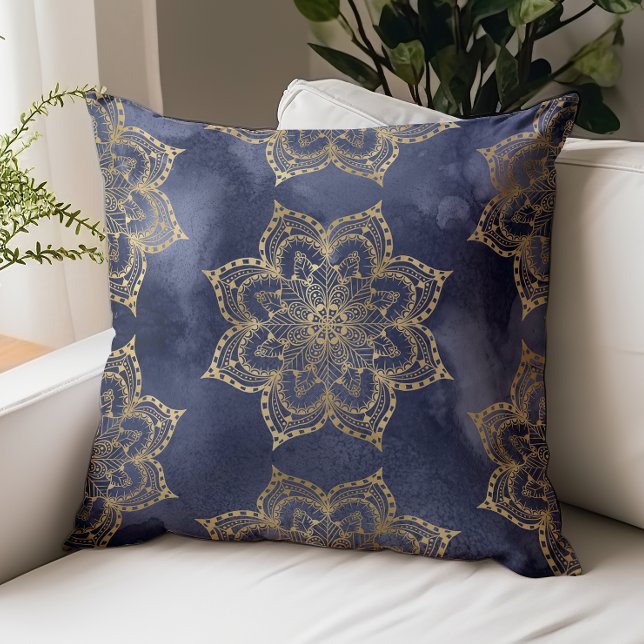 Boho Mandala Pattern Gold Navy Blue Ink Texture Throw Pillow (Creator Uploaded)