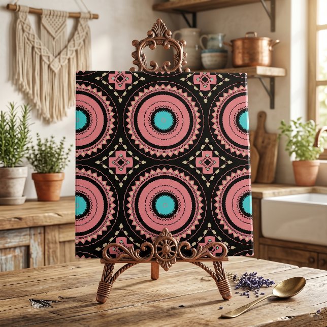 Boho Mandala Pink Turquoise Black Geometric Mosaic Ceramic Tile (Creator Uploaded)