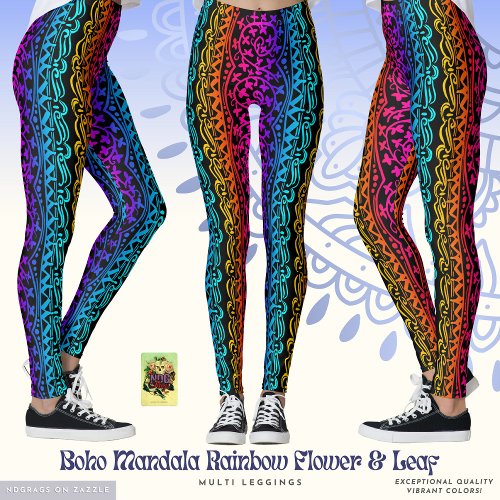 Boho Mandala Rainbow Flower &amp; Leaf Leggings